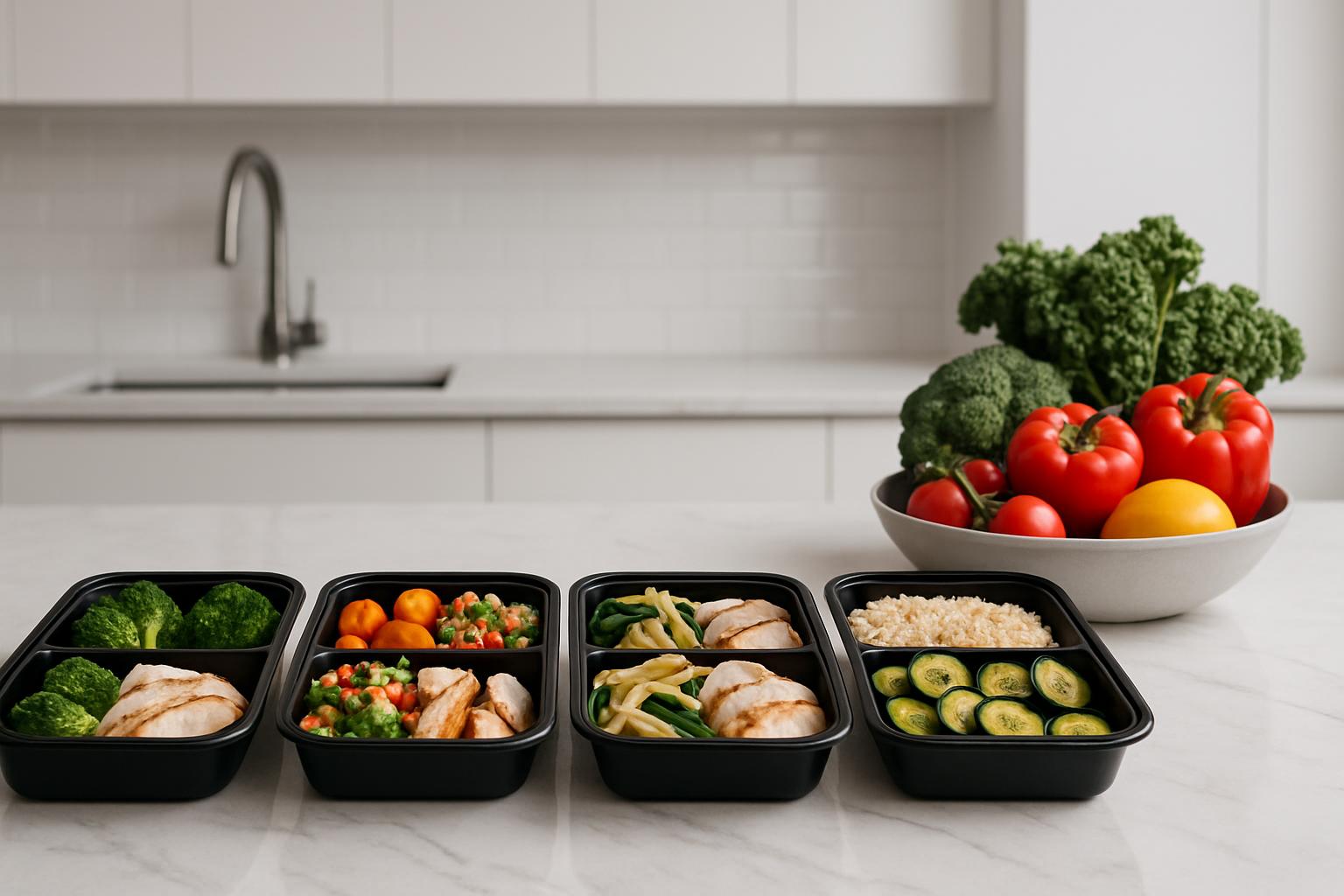 Four black food containers with neatly arranged sections containing healthy sides, a white bowl filled with fresh vegetabl...